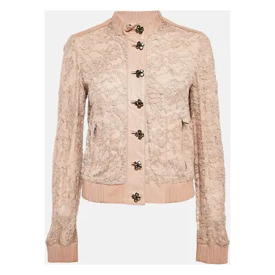 Dolce & Gabbana Beige Leather Trim Lace Blouson Jacket