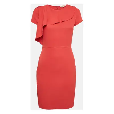 Maje Red Crepe Ruffled Neck Mini Dress