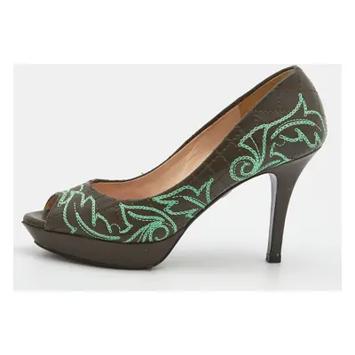 Versace Olive Brown Embroidered Leather Peep Toe Platform Pumps Size