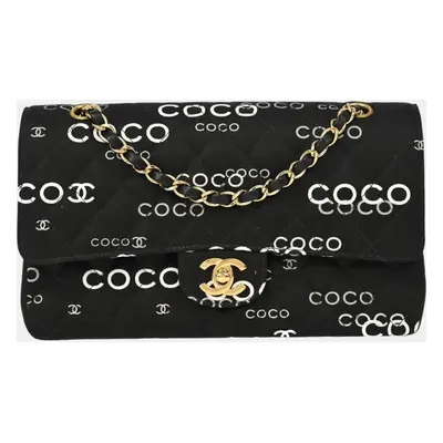 Chanel Black Canvas Coco Medium Classic Double Flap Shoulder Bag