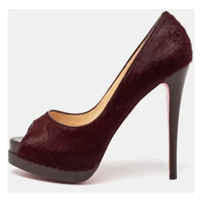 Christian Louboutin Burgundy Calf Hair Altadama Astrakhan Peep Toe Pumps Size