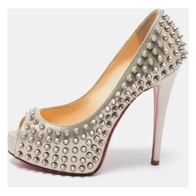 Christian Louboutin Grey Patent Leather Lady Peep Toe Spikes Platform Pumps Size