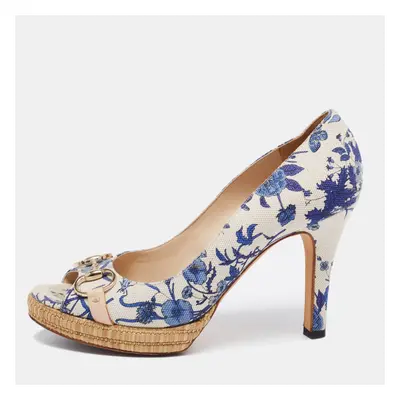 Gucci White/Blue Floral Print Canvas Horsebit Peep Toe Platform Pumps Size 40.5