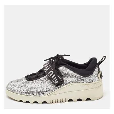 Miu Miu Silver Fabric and Glitter Lace Up Sneakers Size