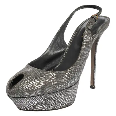 Sergio Rossi Grey/Silver Suede Cachet Peep Toe Platform Slingback Sandals Size 37.5