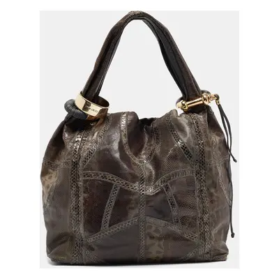 Jimmy Choo Grey Karung Leather and Snakeskin Saba Hobo