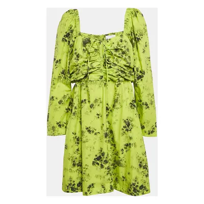 Ganni Green Floral Print Cotton Gathered Mini Dress