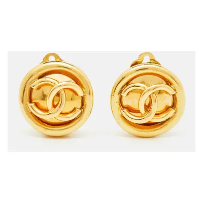 Chanel CC Gold Tone Round Clip on Earrings