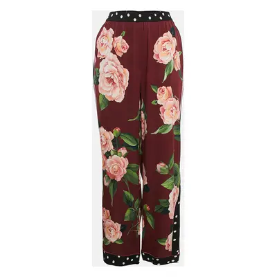 Dolce & Gabbana Burgundy Floral Print Silk Wide-Leg Trousers