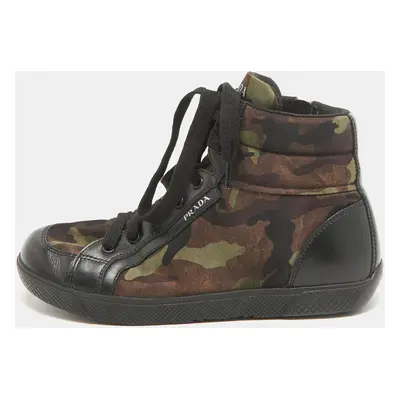 Prada Tricolor Leather and Camo Print Nylon High Top Sneakers Size