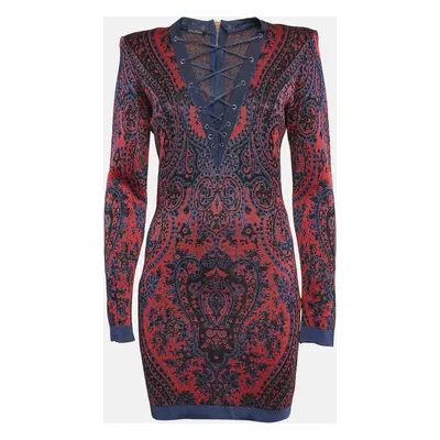 Balmain Red/Blue Paisley Knit Lace-Up Mini Dress