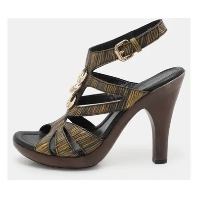 Fendi Black/Yellow Leather Embellished Ankle Strap Sandals Size