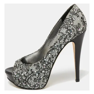 Gina Grey/Black Lace Crystal Embellished Open Peep Platform Pumps Size