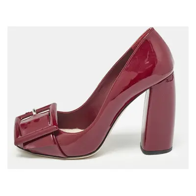 Miu Miu Burgundy Patent Leather Buckle Detail Block Heel Pumps Size