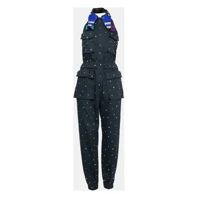 Miu Miu Navy Blue Embellished Cotton Bead Embroidered Halter Neck Jumpsuit