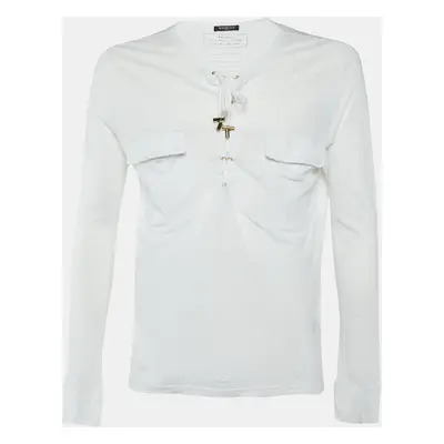 Balmain White Linen Lace-Up Long Sleeve T-Shirt