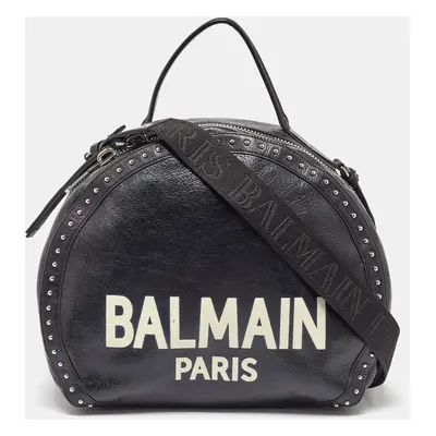 Balmain Black Leather Studded Logo Drum Top Handle Bag