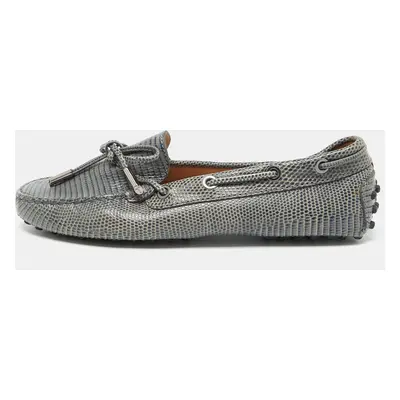 Tod's Grey Lizard Embossed Leather Bow Slip On Loafers Size