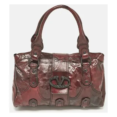 Valentino Dark Burgundy Leather Crystals Catch Satchel