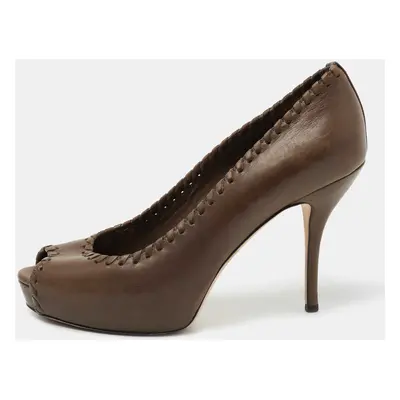 Gucci Brown Leather Whipstitch Peep Toe Platform Pumps Size