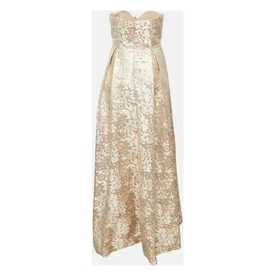 Badgley Mischka Rose Gold Sequin Embellished Brocade Strapless Gown