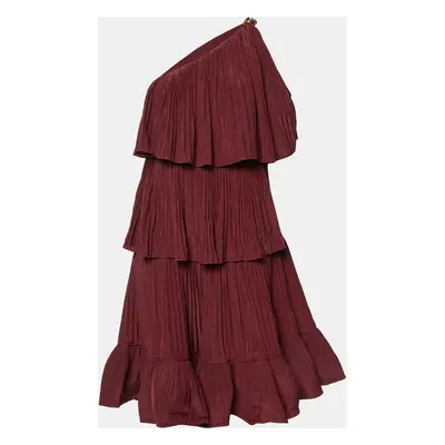 Lanvin Maroon Sateen Pleated One Shoulder Dress