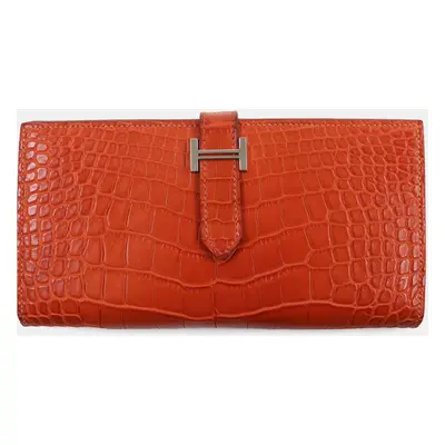 Hermes Alligator Bifold Wallet Orange Orange Leather