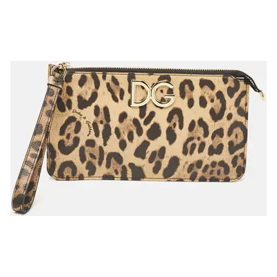 Dolce & Gabbana Brown/Black Leopard Print Coated Canvas Wristlet Clutch