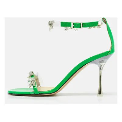 Mach & Mach Green Patent Leather and PVC Floating Crystal Bow Sandals Size 39.5