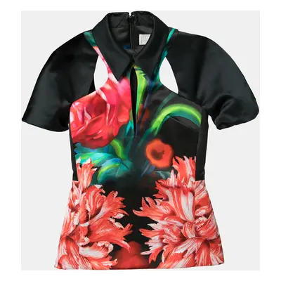 Peter Pilotto Black Floral Printed Satin Cut-Out Detail Top