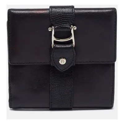 Aigner Black Leather Trifold Compact Wallet