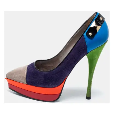 Versace Multicolor Suede And Leather Pointed Toe Platform Pumps Size