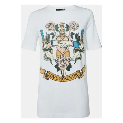 Love Moschino White Printed Cotton Crew Neck T-Shirt