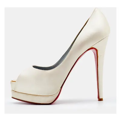 Christian Louboutin Off-White Satin Palais Royal Peep Toe Platform Pumps Size 37.5