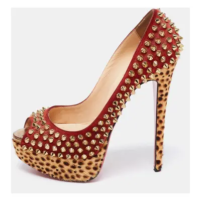 Christian Louboutin Tri-Color Suede and Leopard Print Calf Hair Lady Peep Spikes Platform Pumps 