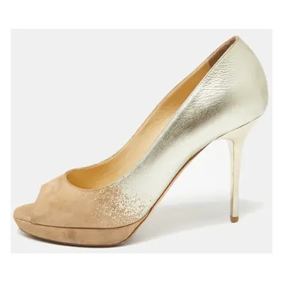 Jimmy Choo Beige/Gold Suede and Leather Peep-Toe Platform Pumps Size 37.5