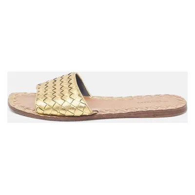 Bottega Veneta Metallic Gold Intrecciato Leather Slide Flats Size 38.5