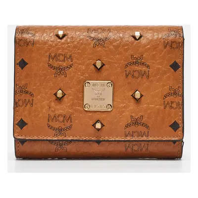 MCM Cognac Visetos Coated Canvas Studded Trifold Wallet