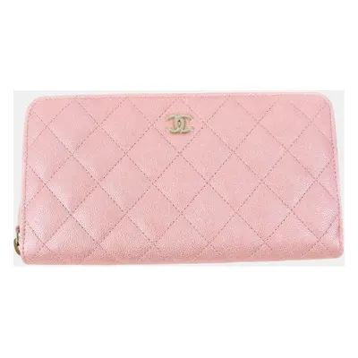 Chanel Caviar Skin Pink Leather Classic Long Zip Wallet