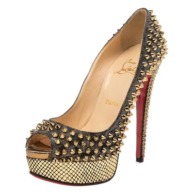 Christian Louboutin Gold Lurex Fabric Lady Peep Toe Spike Platform Pumps Size 36.5