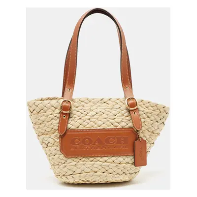 Coach Beige/Brown Straw and Leather Structured Tote