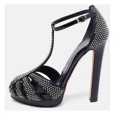 Alexander McQueen Black Studded Leather Peep-Toe T-Bar Platform Sandals Size