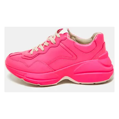 Gucci Neon Pink Leather Rhyton Lace Up Sneakers Size