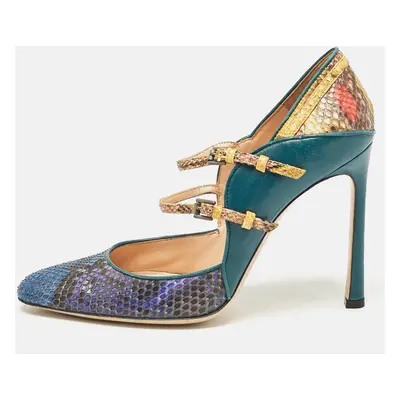 Gianvito Rossi Green/Yellow Leather and Python Leather Pointed Toe Pumps Size