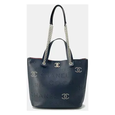 Chanel Navy Leather Punching Logo Chain Tote bag