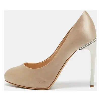 Salvatore Ferragamo Beige Satin Crystal Embellished Heel Pumps Size 37.5