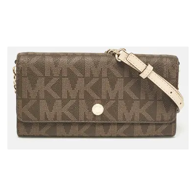 Michael Kors Dark Brown Signature Coated Canvas Jet Set Wallet On Chain