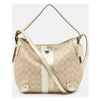 Coach Gold/Beige Signature Coated Canvas and Leather Chelsea Heritage Stripe Hobo