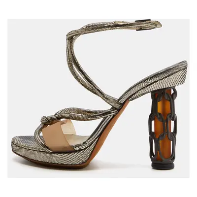 Fendi Metallic Grey Lizard Embossed Leather Chain Cage Heel Platform Sandals Size