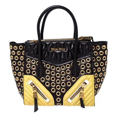 Miu Miu Black/Yellow Leather Grommet Biker Convertible Tote